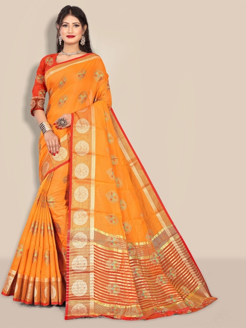 

Rivana Orange & Gold-Toned Woven Design Zari Pure Cotton Chanderi Saree