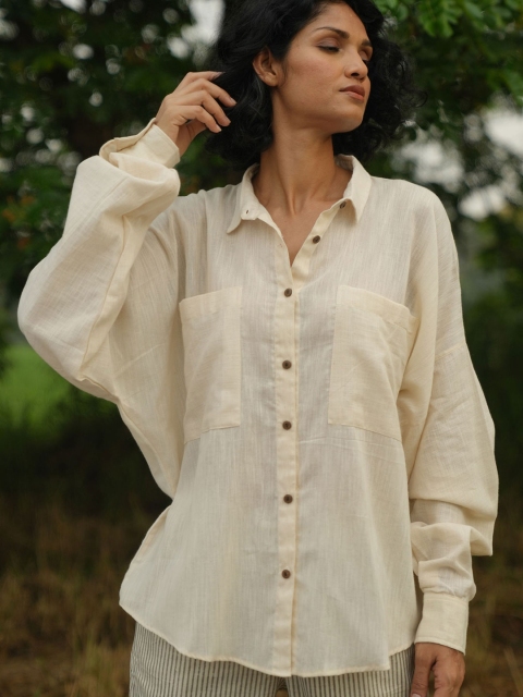 

the kaatn trail Off White Roll-Up Sleeves Organic Cotton Shirt Style Top
