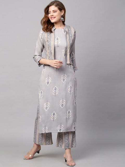 

FASHOR Women Grey Printed Sequinned Kurti with Palazzos & With Dupatta