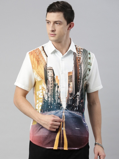 

Breakbounce Men White Printed Casual Shirt