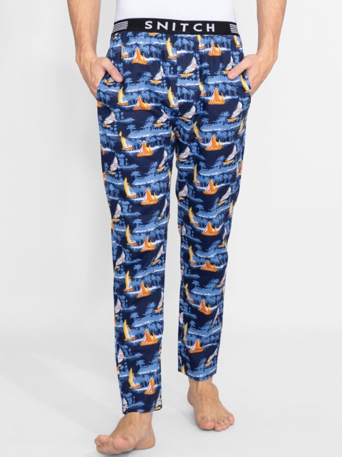 

Snitch Men Blue & Yellow Printed Cotton Lounge Pants