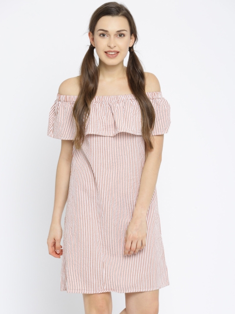 

Vero Moda Women Rust Brown & White Striped Bardot Dress