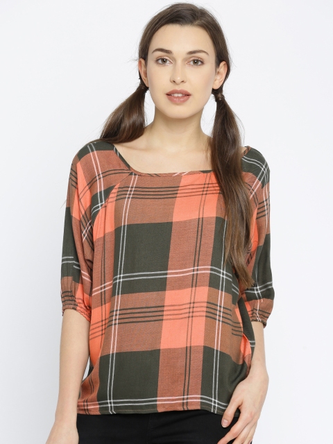 

Vero Moda Women Peach & Olive Green Checked Top