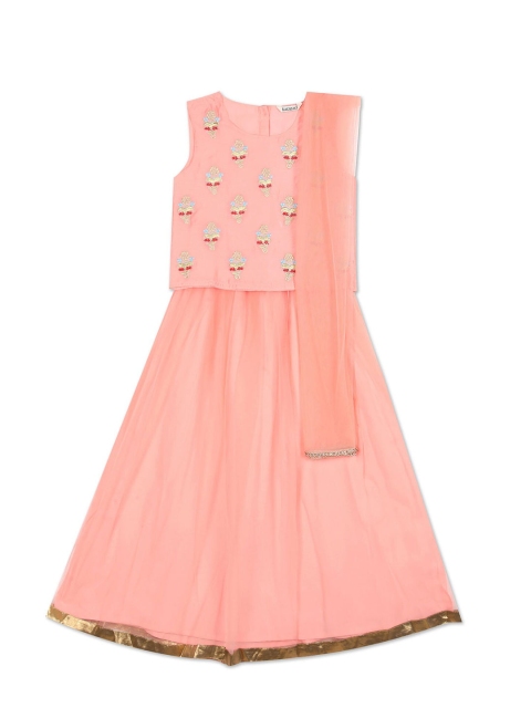 

Karigari Girls Pink & Blue Embroidered Ready to Wear Lehenga & Blouse With Dupatta