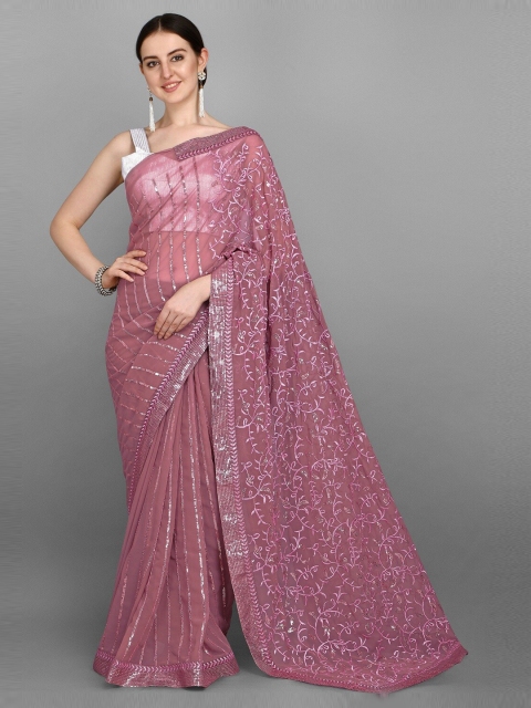 

Fashionuma Purple Floral Embroidered Pure Georgette Saree