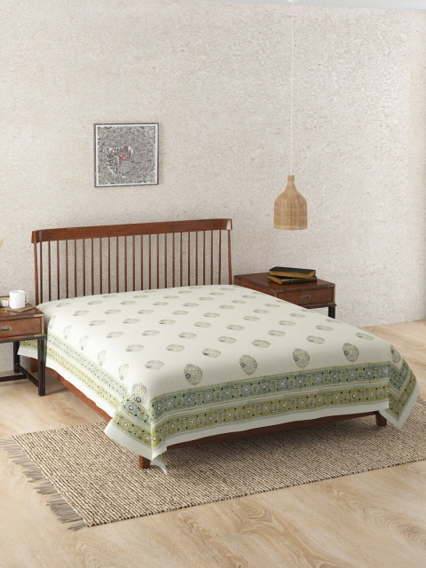 

Fabindia Green & Off White Ethnic Motifs Block Printed Double King Bed Cover
