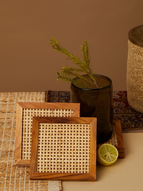 

Fabindia Set of 4 Brown Patterned Wooden Coasters Trays