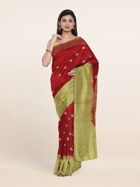

Pothys Red & Green Bandhani Zari Pure Cotton Saree