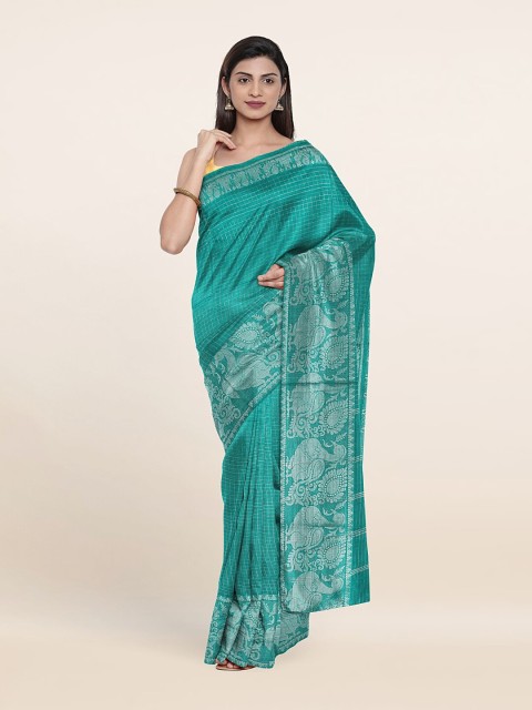 

Pothys Green & Silver-Toned Woven Design Zari Pure Cotton Saree