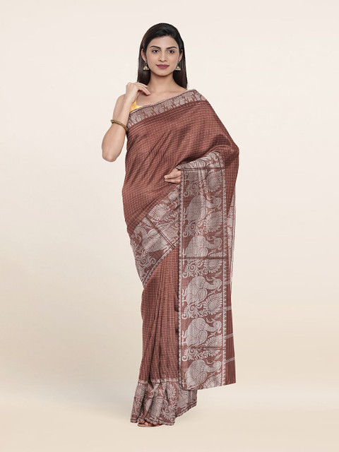 

Pothys Brown & Silver-Toned Striped Zari Pure Cotton Saree