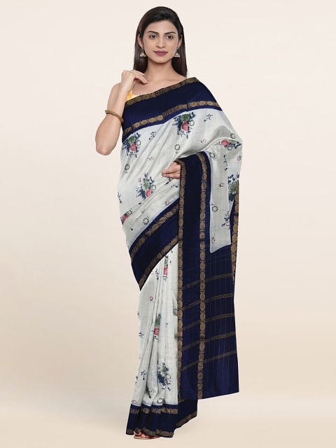 

Pothys Cream & Navy Blue Floral Printed Zari Pure Cotton Saree