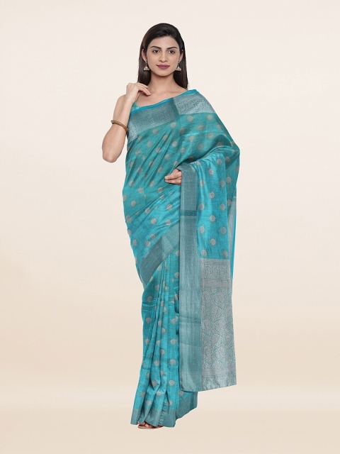 

Pothys Turquoise Blue & Silver-Toned Ethnic Motifs Zari Art Silk Saree
