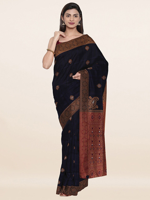 

Pothys Navy Blue & Maroon Floral Zari Art Silk Saree