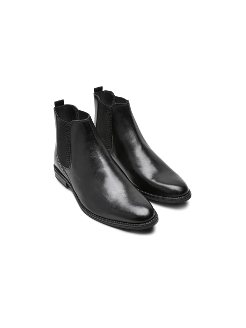 

next Men Black Solid Mid-Top Leather Flat Boots