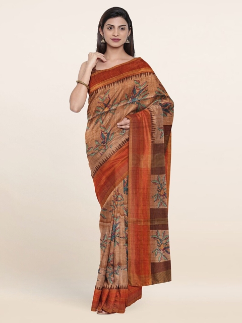 

Pothys Brown & Green Floral Printed Art Silk Saree