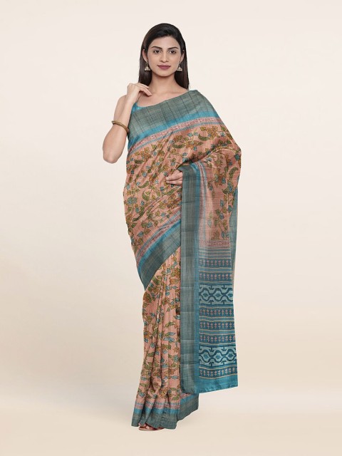 

Pothys Peach-Coloured & Green Floral Art Silk Saree