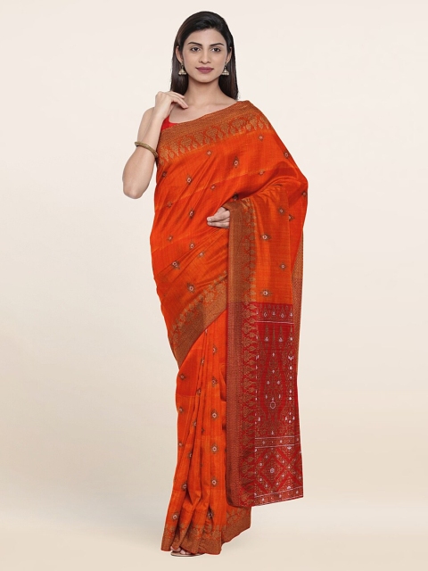 

Pothys Orange & Gold-Toned Woven Design Art Silk Saree