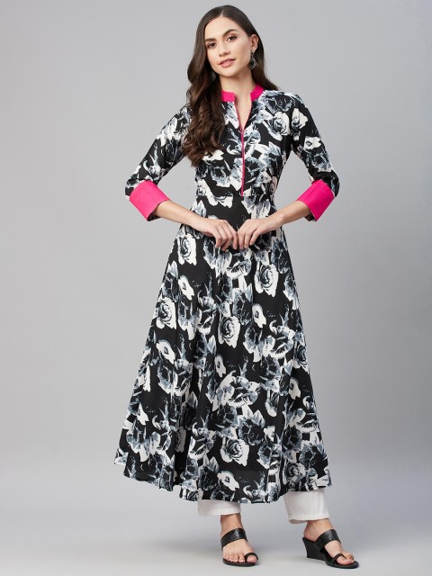 

MBE Women Black & White Floral Printed Floral Crepe Anarkali Kurta