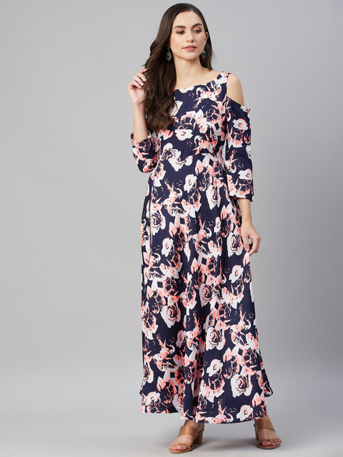 

MBE Women Navy Blue & Pink Floral Printed Cold-Shoulder Sleeves Floral Crepe Anarkali Kurta