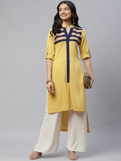 

MBE Women Yellow Yoke Design Crepe High-Low Kurta