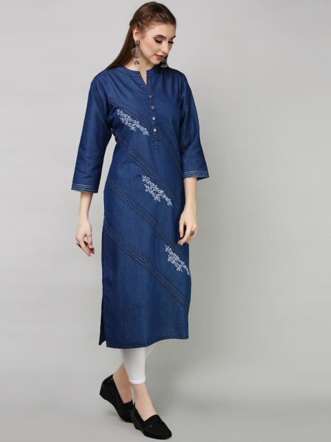 

HAVVA FASHION Women Navy Blue Striped Thread Work Denim Kurta