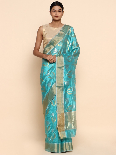 

CHOWDHRAIN Teal & Gold-Toned Woven Design Zari Pure Silk Chanderi Saree