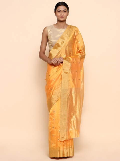 

CHOWDHRAIN Yellow & Gold-Toned Woven Design Zari Pure Silk Chanderi Saree