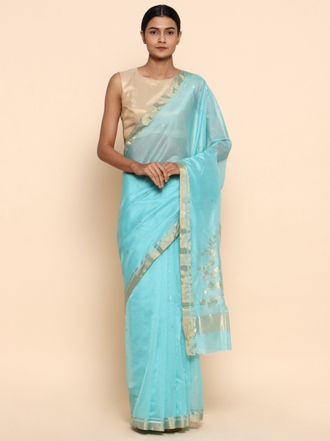 

CHOWDHRAIN Blue & Silver-Toned Woven Design Zari Silk Cotton Chanderi Saree