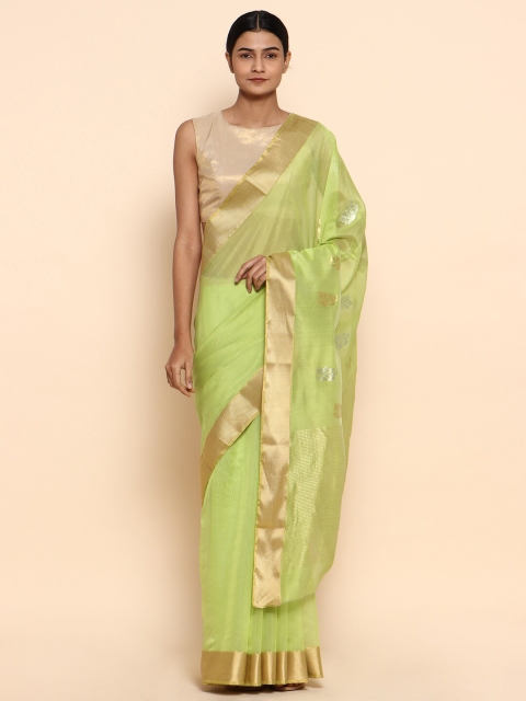 

CHOWDHRAIN Green & Gold-Toned Woven Design Zari Silk Cotton Chanderi Saree