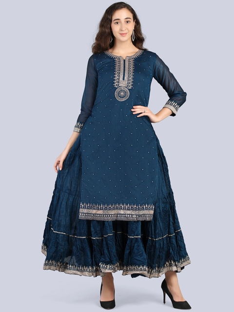 

Pakiza Women Blue Embroidered Flared Sleeves Handloom Anarkali Kurta