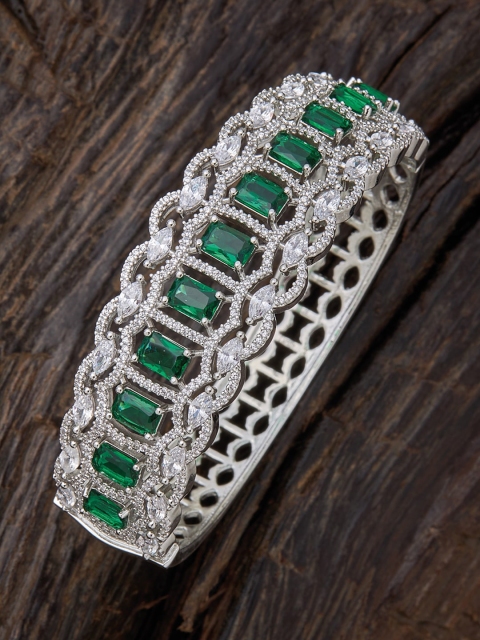 

Kushal's Fashion Jewellery Women Green Cubic Zirconia Rhodium-Plated Kada Bracelet
