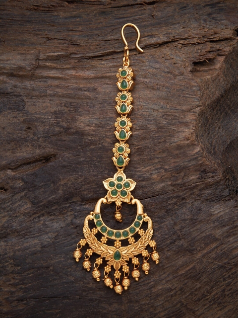 

Kushal's Fashion Jewellery Women Gold-Plated & Green Stone Studded Beaded Maang Tikka