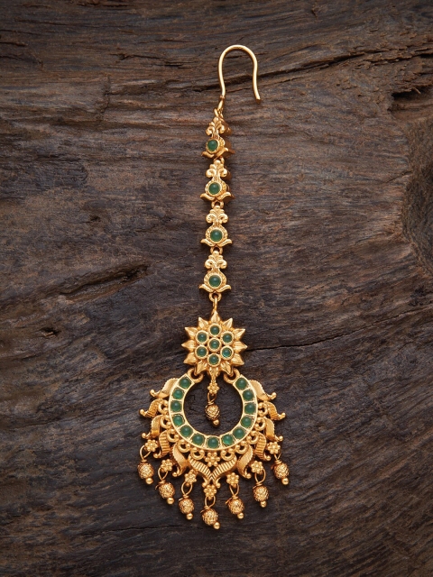 

Kushal's Fashion Jewellery Gold-Toned & Green Stone Studded Antique Maang Tikka