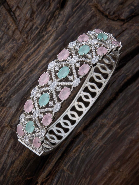

Kushal's Fashion Jewellery Women Pink & Sea Green Cubic Zirconia Rhodium-Plated Kada Bracelet