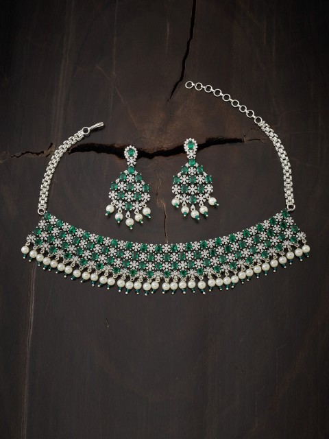 

Kushal's Fashion Jewellery Green Rhodium-Plated Choker Necklace