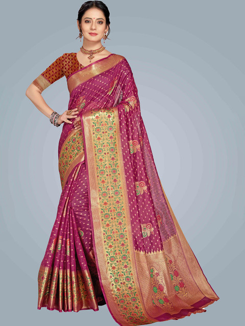 

MS RETAIL Magenta & Green Floral Organza Banarasi Saree