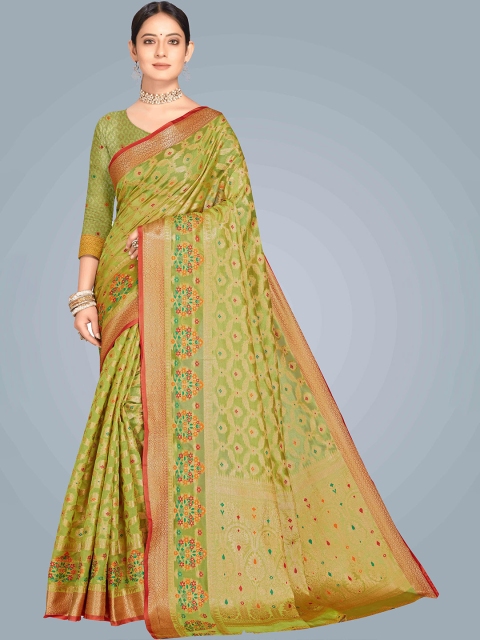 

MS RETAIL Fluorescent Green & Gold-Toned Woven Design Zari Organza Heavy Work Banarasi Saree