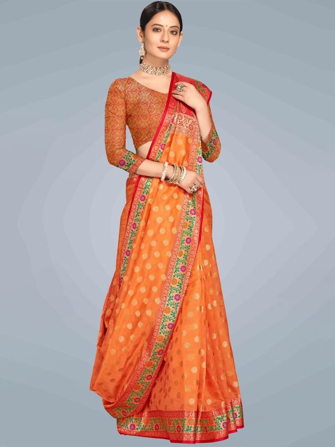 

MS RETAIL Orange & Gold-Toned Woven Design Zari Organza Banarasi Saree