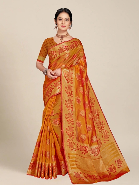 

MS RETAIL Gold-Toned & Red Woven Design Organza Banarasi Saree