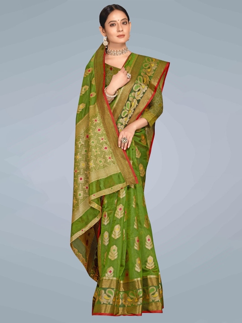 

MS RETAIL Olive Green & Gold-Toned Woven Design Organza Banarasi Saree