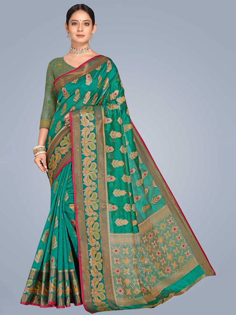 

MS RETAIL Green & Red Ethnic Motifs Zari Organza Banarasi Saree