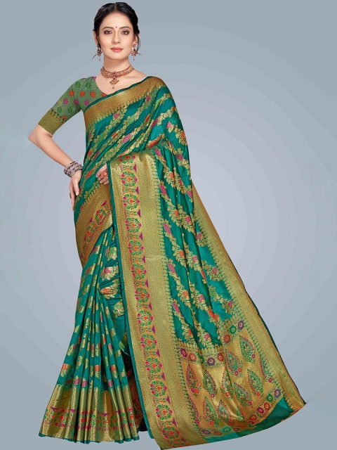 

MS RETAIL Green & Gold-Toned Woven Design Zari Organza Banarasi Saree