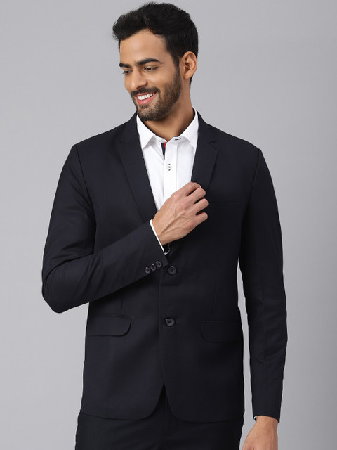 

MR BUTTON Men Navy Blue Solid Single Breasted Formal Blazer