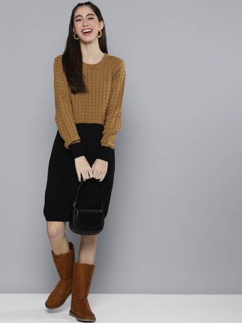 

HERE&NOW Women Camel Brown & Black Cable Knit Colourblocked Longline Pullover Sweater