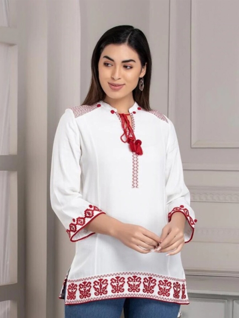 

Lakshita White & Red Mandarin Collar Embroidered Cotton Tunic