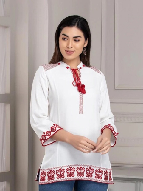 

Lakshita White & Red Mandarin Collar Embroidered Cotton Tunic