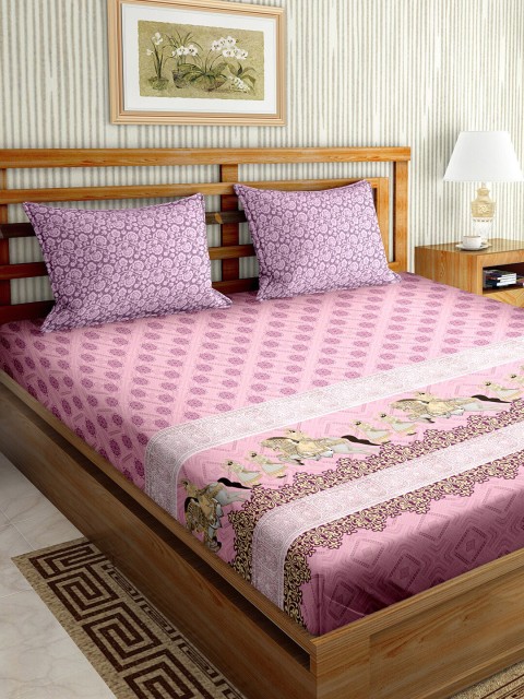 

BELLA CASA Pink & Lavender Ethnic Motifs 180 TC Cotton King Bedsheet with 2 Pillow Covers