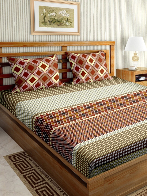 

BELLA CASA Brown & Yellow Geometric 180 TC King Bedsheet with 2 Pillow Covers