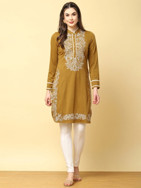 

Lakshita Women Spicy Mustard Embroidered Woolen Kurti