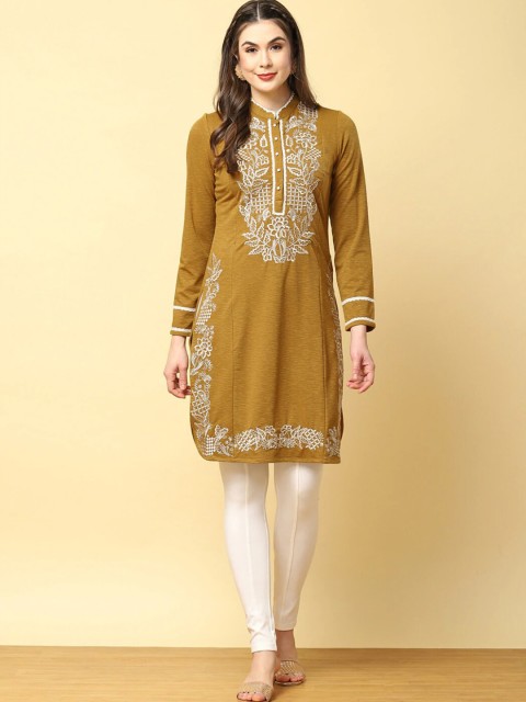 

Lakshita Mustard Yellow Floral Embroidered Thread Work Woolen Kurti